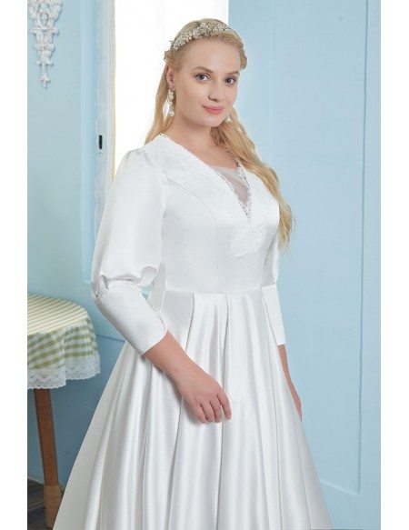 Elegant Satin Plus Size Wedding Dress Modest 3/4 Sleeved Sweep Train