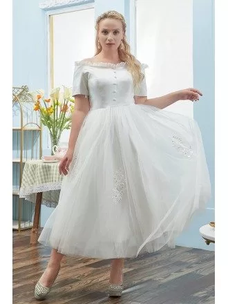 Plus Size Tea Length Tulle Outdoor Wedding Dress with Off Shoulder Sleeves