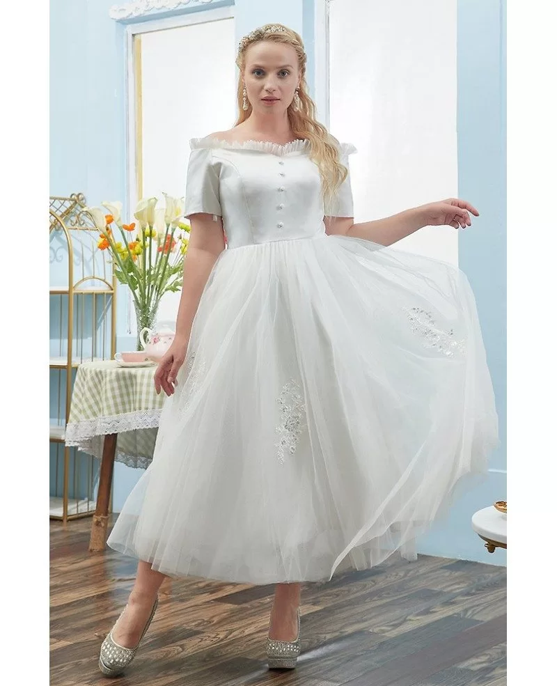 Plus Size Tea Length Tulle Outdoor Wedding Dress with Off Shoulder ...