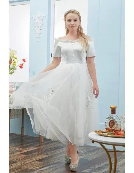 Plus Size Tea Length Tulle Outdoor Wedding Dress with Off Shoulder Sleeves