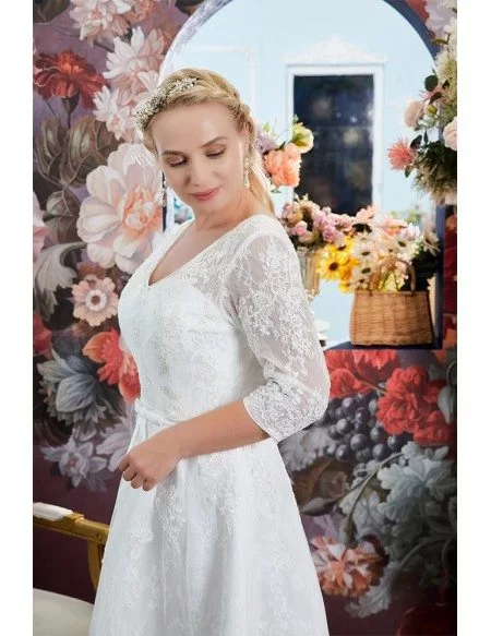 Modest Plus Size Lace Short Wedding Dress Vneck with Sleeves