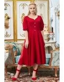 Plus Size Retro Tea Length Semi Party Dress Vintage with Bubble Sleeves Buttons