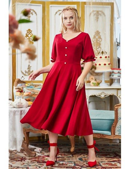 Plus Size Retro Tea Length Semi Party Dress Vintage with Bubble Sleeves ...