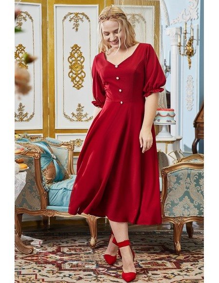 Plus Size Retro Tea Length Semi Party Dress Vintage with Bubble Sleeves Buttons