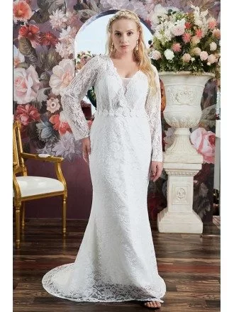 Elegant Lace Mermaid Wedding Dress Plus Size with Long Sleeves