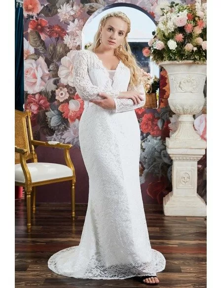 Elegant Lace Mermaid Wedding Dress Plus Size with Long Sleeves