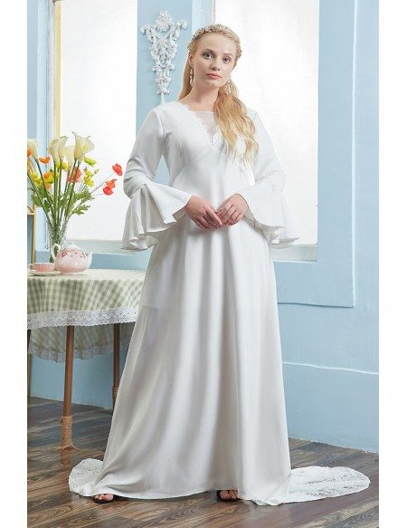 Retro Flared Sleeves Empire Plus Size Wedding Dress For Pregnant Brides with Lace Train