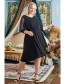 Plus Size Simple Black Knee Length Semi Formal Dress with Sheer Sleeves