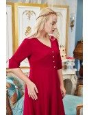 Retro Romantic Burgundy Long Formal Party Dress Vneck with Half Sleeves
