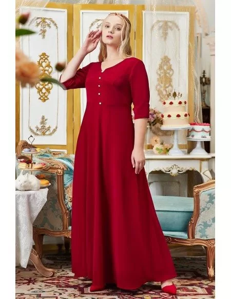 Retro Romantic Burgundy Long Formal Party Dress Vneck with Half Sleeves ...