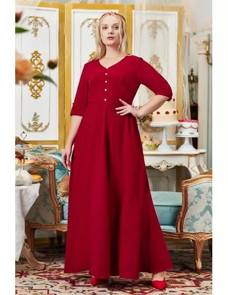 Retro Romantic Burgundy Long Formal Party Dress Vneck with Half Sleeves