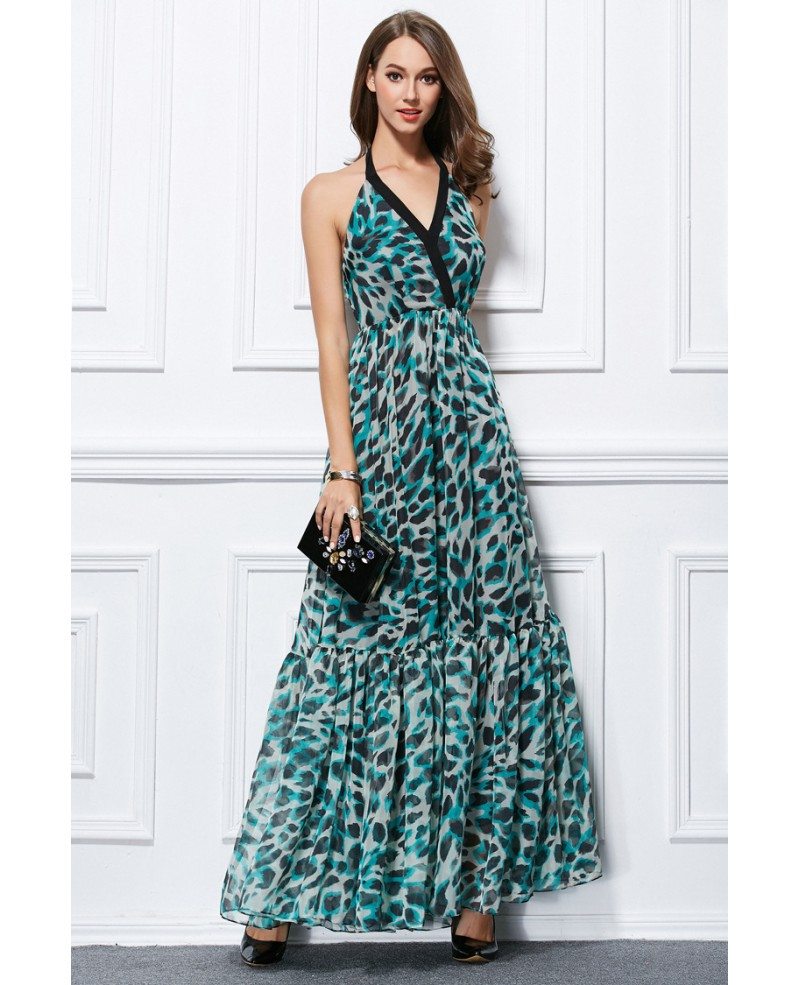 Stylish Halter Floral Print Chiffon Long Wedding Guest Dress #CK432 $62