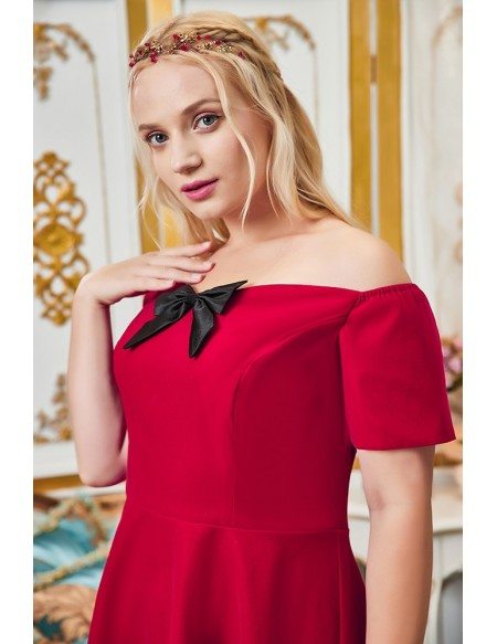 Cute Plus Size Off Shouler Sleeved Tea Length Party Dress with Short Sleeves