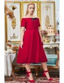 Cute Plus Size Off Shouler Sleeved Tea Length Party Dress with Short Sleeves