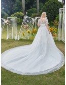 Sequined Illusion Neckline Dreamy Ballgown Wedding Dress Plus Size