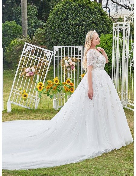 Sequined Illusion Neckline Dreamy Ballgown Wedding Dress Plus Size