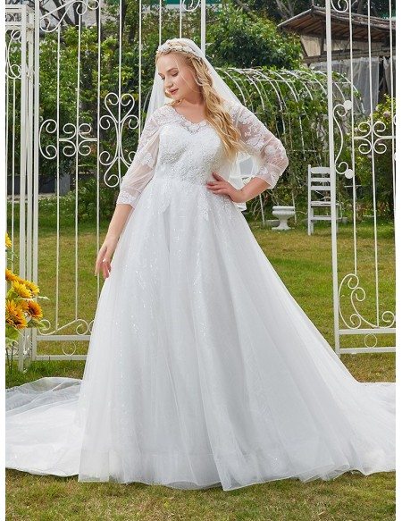 Dreamy Bling Sequins Vneck Plus Size Wedding Dress with Sheer Sleeves