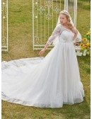 Dreamy Bling Sequins Vneck Plus Size Wedding Dress with Sheer Sleeves
