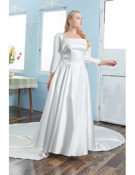 Vintage Square Neck Satin Wedding Dress Plus Size Sleeved with Long Train