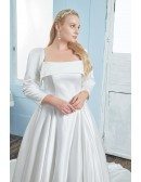 Vintage Square Neck Satin Wedding Dress Plus Size Sleeved with Long Train