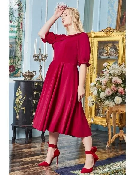 Plus Size Comfy Tea Length Wedding Party Dress Modest with Half Sleeves