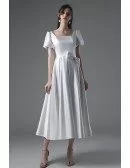 Simple Vintage Satin Tea Length Wedding Dress Square Neck with Bubble Sleeves Sash