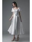 Simple Vintage Satin Tea Length Wedding Dress Square Neck with Bubble Sleeves Sash