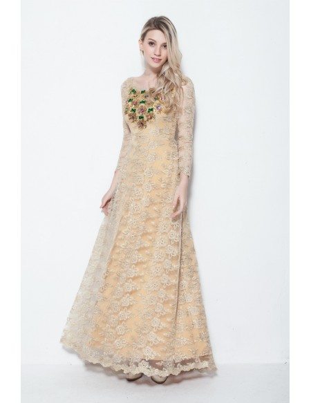Champagne A-Line Lace Long Dress With Beading