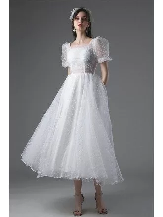 Romantic Retro Polka Dot Tea Length Wedding Dress Vintage with Bubble Sleeves