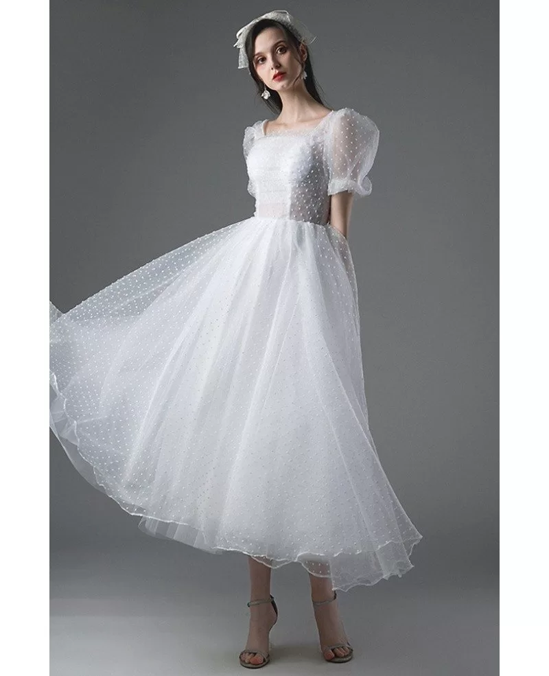 Romantic Retro Polka Dot Tea Length Wedding Dress Vintage with Bubble ...