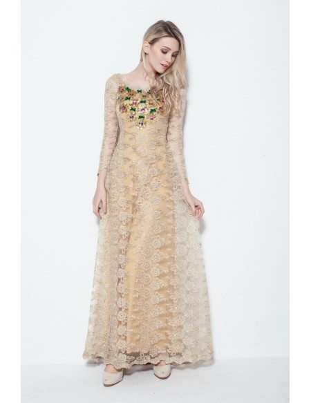 Champagne A-Line Lace Long Dress With Beading