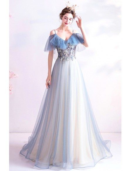 Pretty Light Blue Tulle Long Prom Dress With Beaded Embroidery