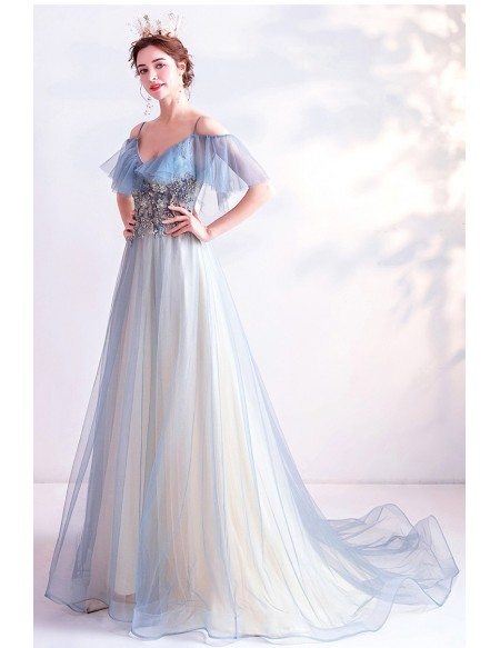 Pretty Light Blue Tulle Long Prom Dress With Beaded Embroidery