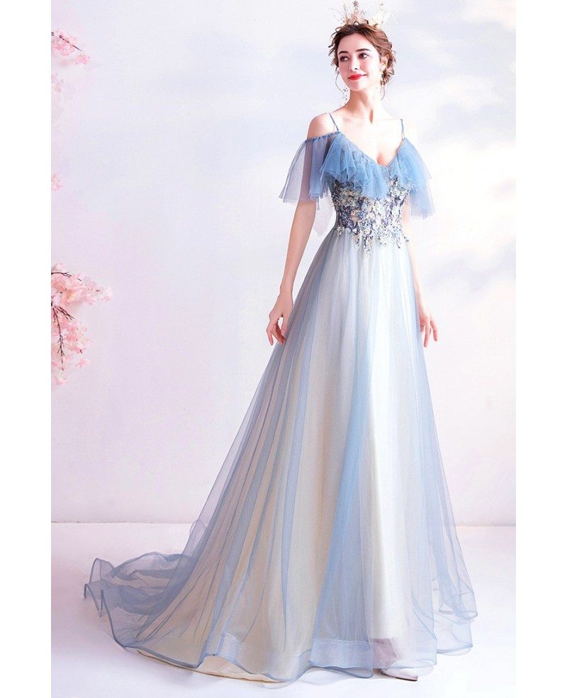 Pretty Light Blue Tulle Long Prom Dress With Beaded Embroidery ...