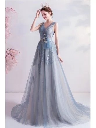 Formal Vneck Blue Tulle Ballgown Prom Dress Long Sleeveless