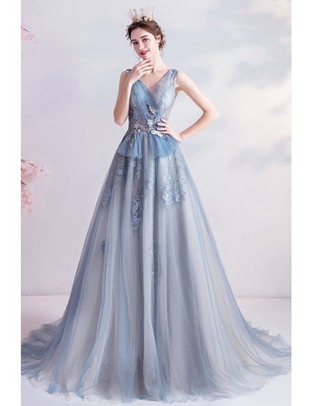 Formal Vneck Blue Tulle Ballgown Prom Dress Long Sleeveless Wholesale # ...