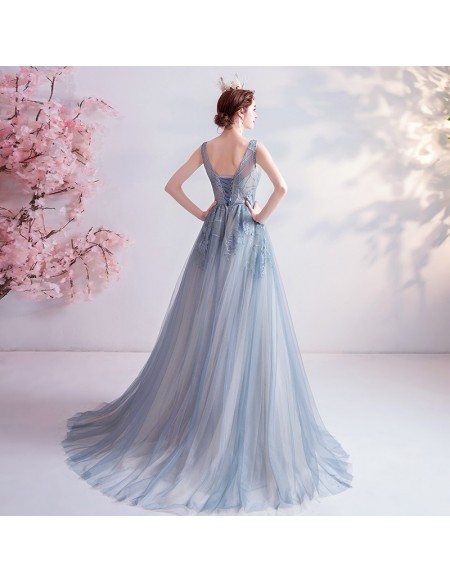 Formal Vneck Blue Tulle Ballgown Prom Dress Long Sleeveless