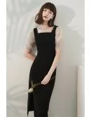 Elegant Square Neckline Sheath Party Dress Black with Side Split