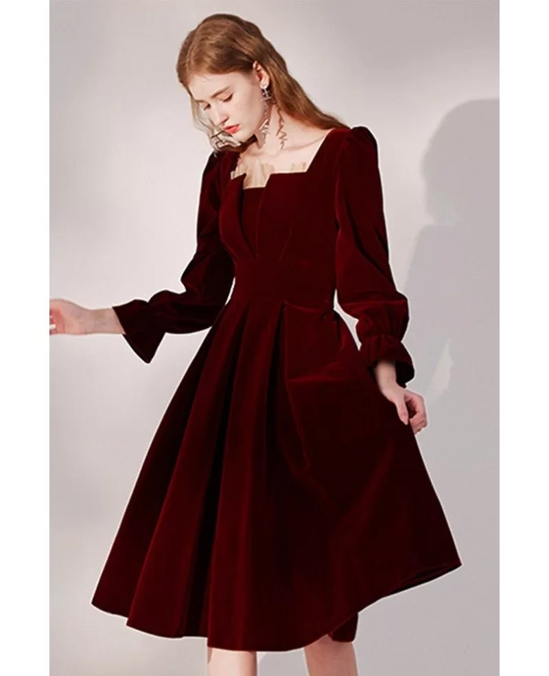 Burgundy Pleated Velvet Retro Party Dress with Long Sleeves HTX96024 ...