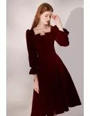 Burgundy Pleated Velvet Retro Party Dress with Long Sleeves