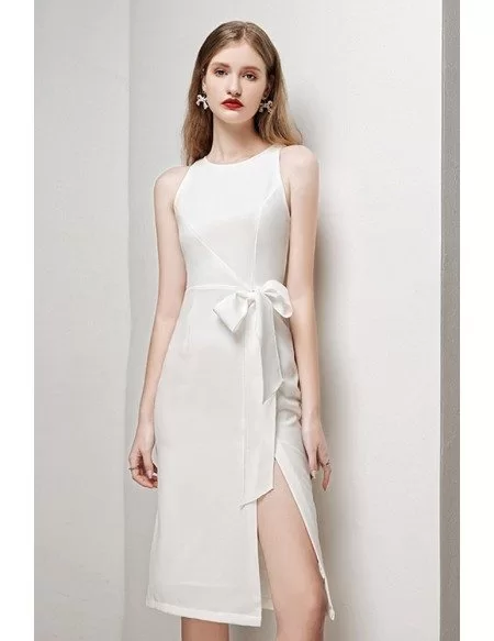 Classy White Round Neck Party Dress with Side Split Sash