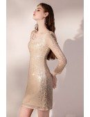 Bling Gold Sequined Bodycon Party Dress with Long Sleeves