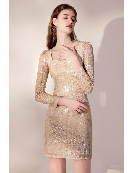Bling Gold Sequined Bodycon Party Dress with Long Sleeves