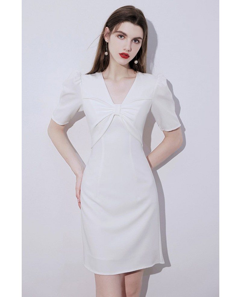 Pretty White Vneck Short Homecoming Party Dress with Bubble Sleeves ...