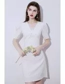 Pretty White Vneck Short Homecoming Party Dress with Bubble Sleeves