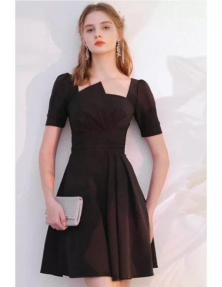 Modest Little Black Short Dress Sleeved with Ruffles