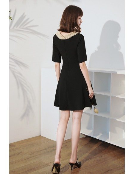 French Chic Little Black Party Dress with Champagne Bow Knot