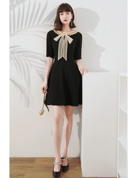 French Chic Little Black Party Dress with Champagne Bow Knot