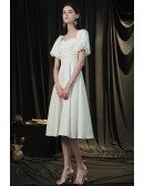 Retro Square Neckline White Knee Length Party Dress with Bubble Sleeves
