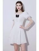 French Romantic Little White Party Dress with Bow Knot Short Sleeves